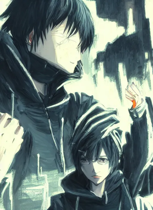 Image similar to manga cover, black-haired short-haired russian man wearing a black hoodie, intricate cyberpunk city, emotional lighting, character illustration by tatsuki fujimoto