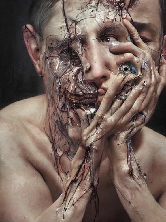 Prompt: cybernetic implants on face, metal jaw, usb port on forehead, portrait by jenny saville, pain, panic, sorrow, concern, mad