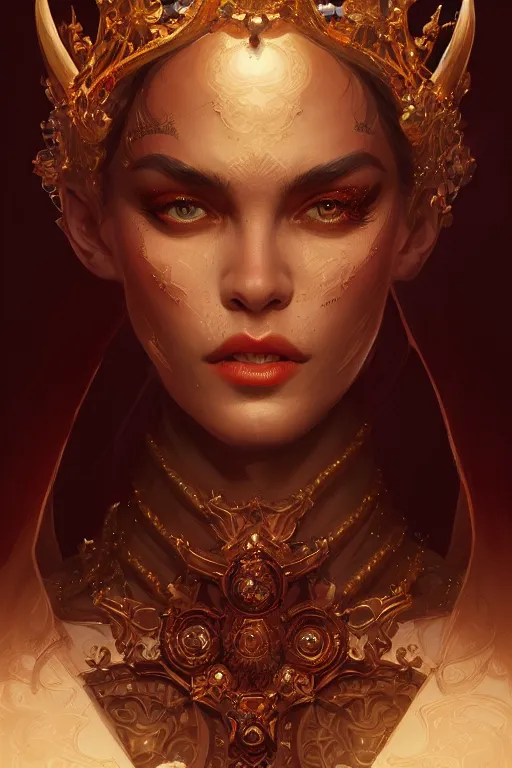 Image similar to highly detailed portrait of an elegant devil, ornate crown, beautiful symmetrical face, glowing skin, digital painting, artstation, concept art, smooth, clear focus, illustration, greg rutkowski, artgerm, global lighting, detailed and fantasy