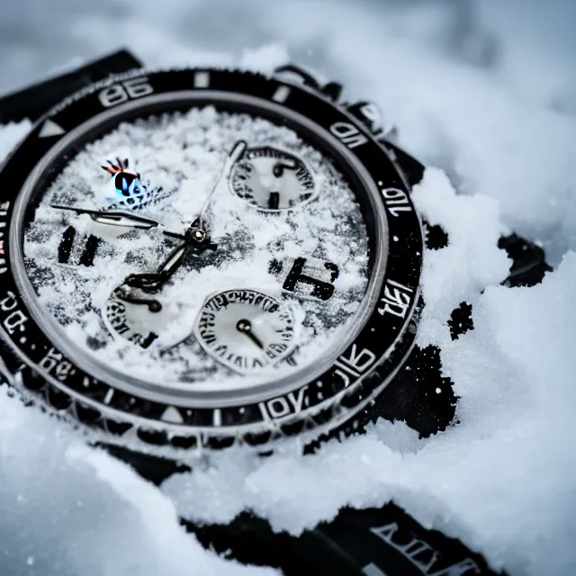 Image similar to a rolex covered in ice, buried in the snow. photo, canon, 8 k hd