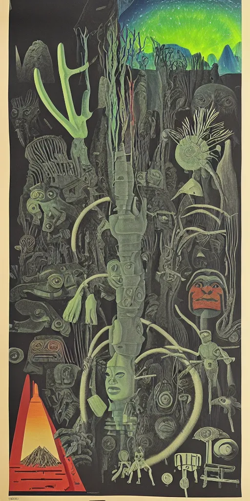 Image similar to 1968 science fiction movie poster, cut out collage, neon mayan, deep winter on Venus, epic theater, deep forest creatures, mountain plants, drawings in part by Diego Rivera, part by Ernst Haekl, text by William S Boroughs, written by Michael Ende