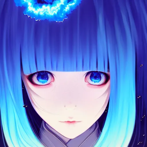 Image similar to blue slime swirling around rimuru tempest crying, enveloped in ghosts, sky blue straight hair, bangs, with amber eyes, black jacket, high collar, ultra fine detaile, dark theme, digital painting, psychedelic, cinematic, wlop, pixiv, ilya kuvshinov, ross tran