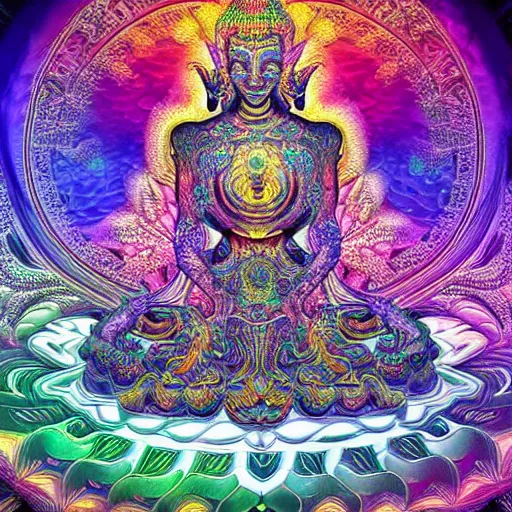 Image similar to psychedelic fractal artwork hight detail fluorescent space buddha mandala thin psilocybin mushrooms very aesthetic epic fantasy masterpiece