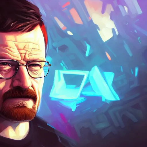 Image similar to high quality illustration, walter white realistic portrait, cyberpunk colors, riot game, beautiful, alexandre bourlet, vaporwave, lois van baarle, league of legend, digital painting, james jean, dynamic colors, greg rutkuwsky, artstation, concept art, neon