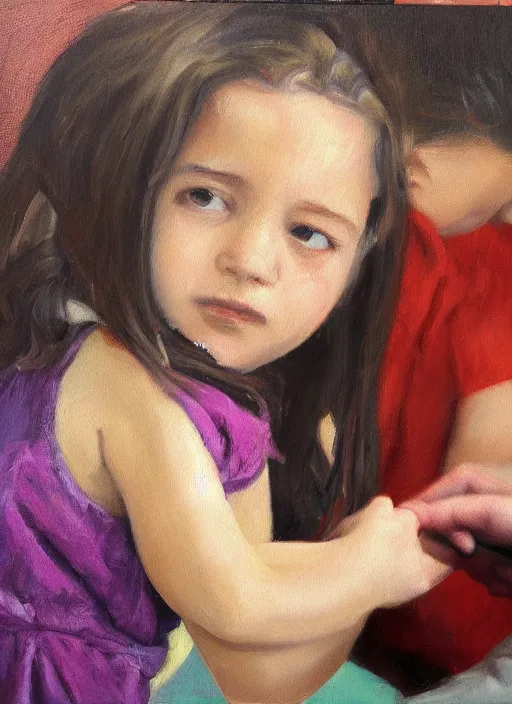 Image similar to oil painting of girl getting vaccinated