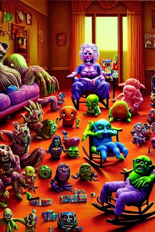 Image similar to a hyperrealistic painting of an ornate room full of evil possessed toys watching a grandma in a rocking chair, cinematic horror by chris cunningham, lisa frank, richard corben, highly detailed, vivid color,