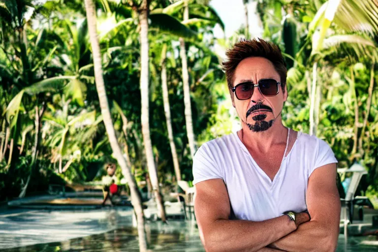 Image similar to a full portrait photo of robert downey jr holiday in bali, f / 2 2, 3 5 mm, 2 7 0 0 k, lighting, perfect faces, award winning photography.