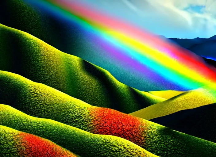 Image similar to hyperrealism, detailed textures, a rainbow over a valley in nepal, a gentle river winding through rolling hills with yellow red and blue flowers, sharp focus, ultra realistic, ultra high pixel detail, cinematic, intricate, cinematic light, concept art, illustration, art station, unreal engine 8 k