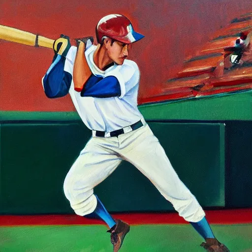 Prompt: Baseball player hitting the ball with the baseball bat in the middle of the game and in front of everyone in the stadium, James Gurney painting style