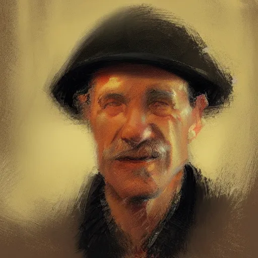 Prompt: Portrait of an oldman using a beret siting in a bar, looking to the camera, artwork by Craig Mullins, black background, trending on artstation, its night, with dramatic cinematic candle light