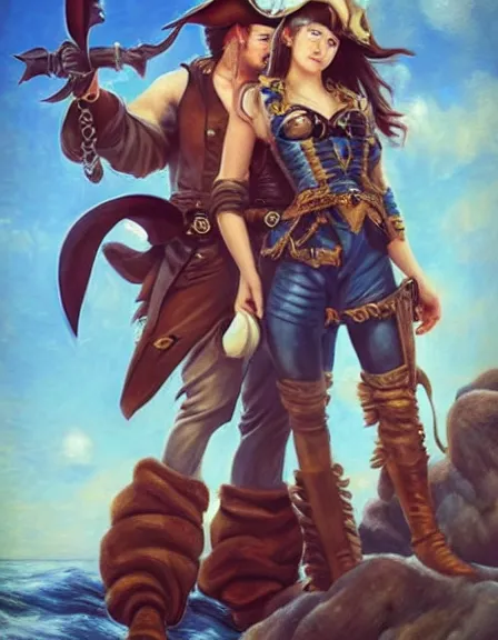 Prompt: couple. fully clothed armed female pirate captain with a male pirate partner, sun, summer, blue eyes, beauty, wisdom, love, strength, knowledge, smart, portrait, symmetrical, highly detailed, digital painting, artstation, smooth, sharp focus, illustration, strength, art by artgerm, renoir and louis theophile hingre. 8 k