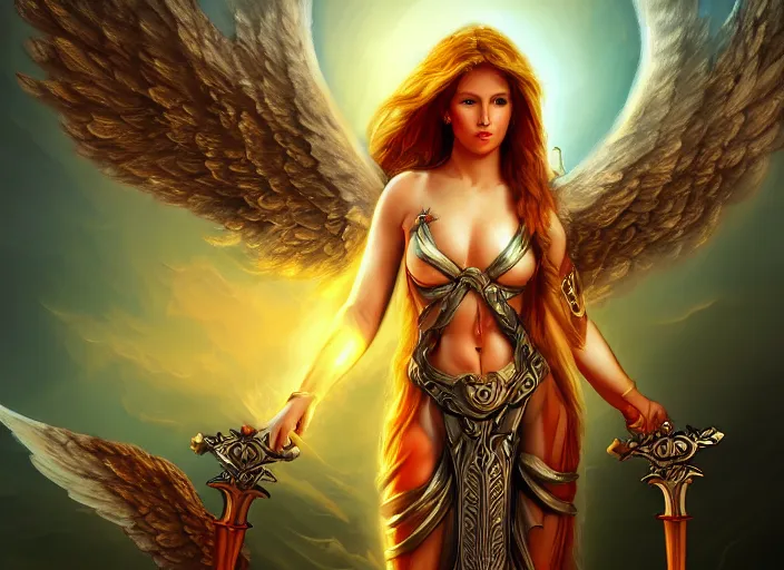 Image similar to a digital painting of an angel holding two swords, a digital rendering by jan tengnagel, fantasy art, deviantart uhd, deviantart, apocalypse art, ray tracing, highly detailed, high quality, 8 k resolution