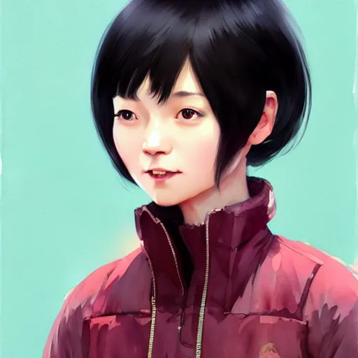 Image similar to character design portrait of a kind chinese grocery woman short black hair, wearing a down jacket, looking at the camera, 4 k, concept art, by wlop, wenjun lin, watercolor, ilya kuvshinov, artgerm, krenz cushart, pixiv.