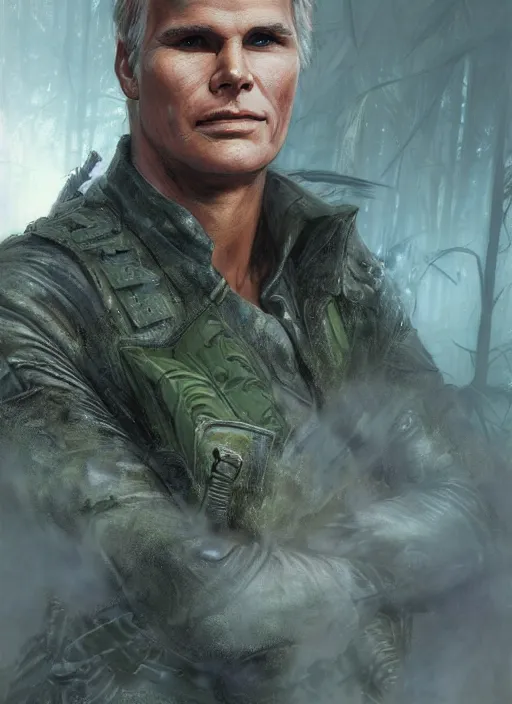 Image similar to portrait of a young richard dean anderson wearing a green combat uniform, in a post apocalyptic city, overgrown with plants, by wlop, luis royo and greg rutkowski, cover illustration, concept art, volumetric lighting, volumetric atmosphere, sharp focus, octane render, trending on artstation, 8 k