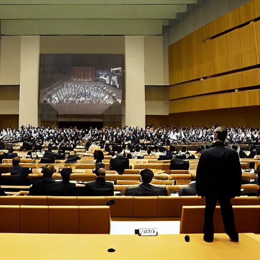 Prompt: UN meeting at The Hague , members yelling and screaming animatedly at Japan’s seating member, a large godlike masked and helmeted cyborg samurai , courtroom drawing , Photo realistic , Gregory Crewdson , Award winning. Masterpiece, exquisite detail, post processing