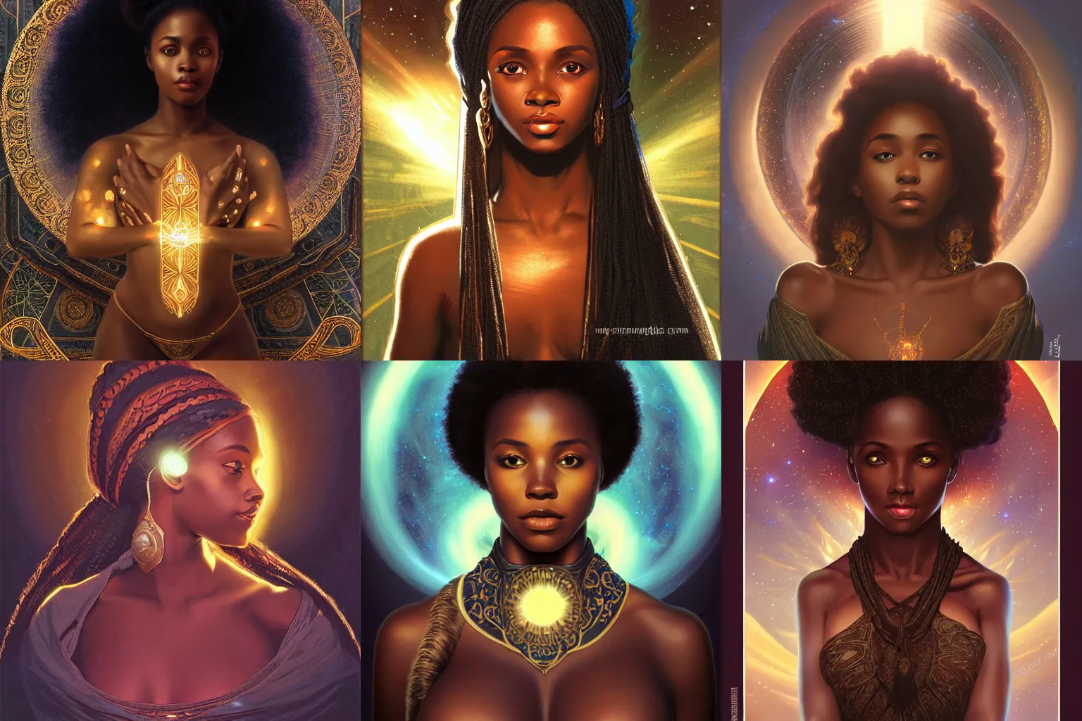 Prompt: black african princess, glowing eyes, warm volumetric lighting, cosmic, symmetric, highly detailed, elegant, concept art, heavenly, god rays, intricate, sharp focus, illustration, alexandros pyromallis, bouguereau, rutkowski, artgerm, alphonse mucha