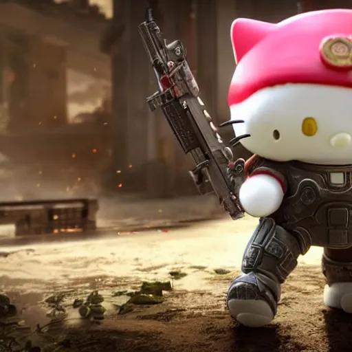 Image similar to Hello Kitty in Gears of War, splash art, movie still, detailed face, cinematic lighting, color, dramatic, octane render, long lens, shallow depth of field, bokeh, anamorphic lens flare, 8k, hyper detailed, 35mm film grain