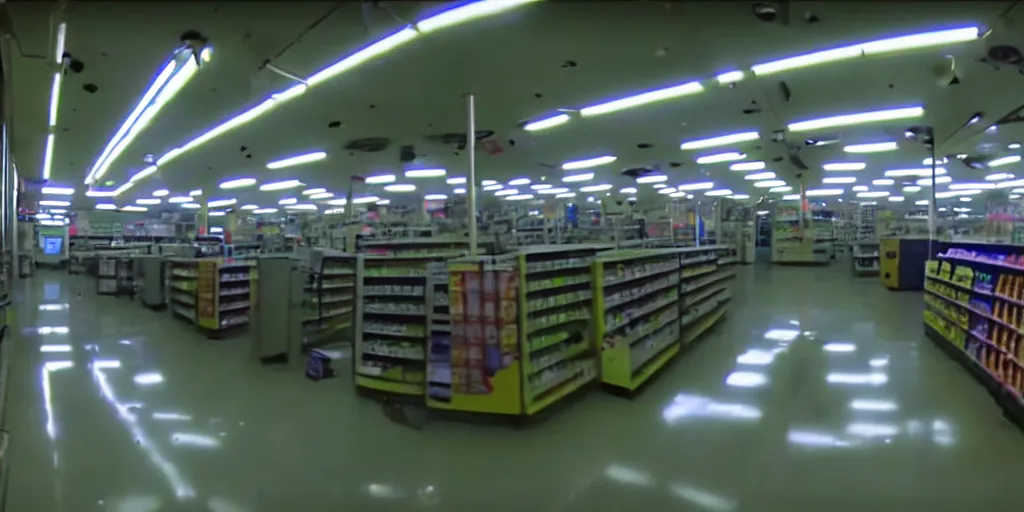 Prompt: abandoned human android factory in a convenience store, damaged camcorder video