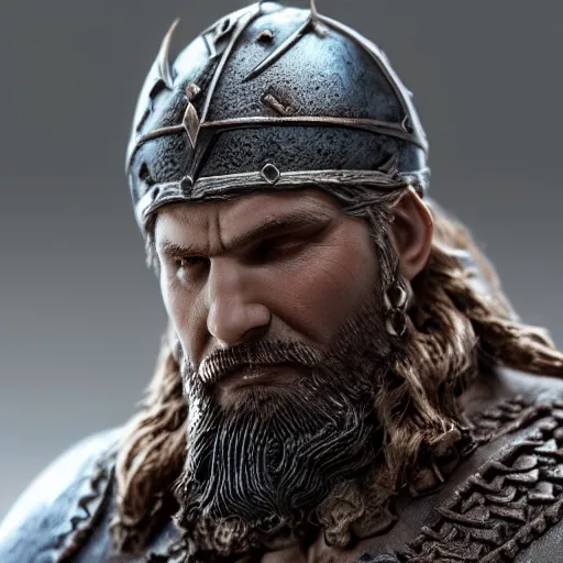 Image similar to of a 3d clay model of a viking from valhalla, ultra fine detail, hair strands, ultra high resolution, fine texture detail, miniature painting techniques, perfect proportions, marvel cinematic universe, eric bana