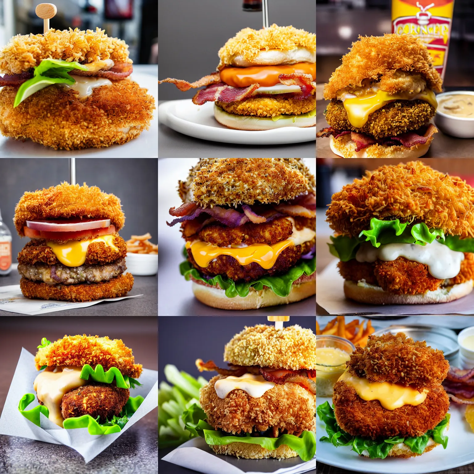 Prompt: monster chicken breaded in panko on a burger with crispy bacon, cheddar, caramelized onion and tartar sauce, large mouth, sharp teeth, long tongue, photography, realistic, highly detailed, 8 k hd