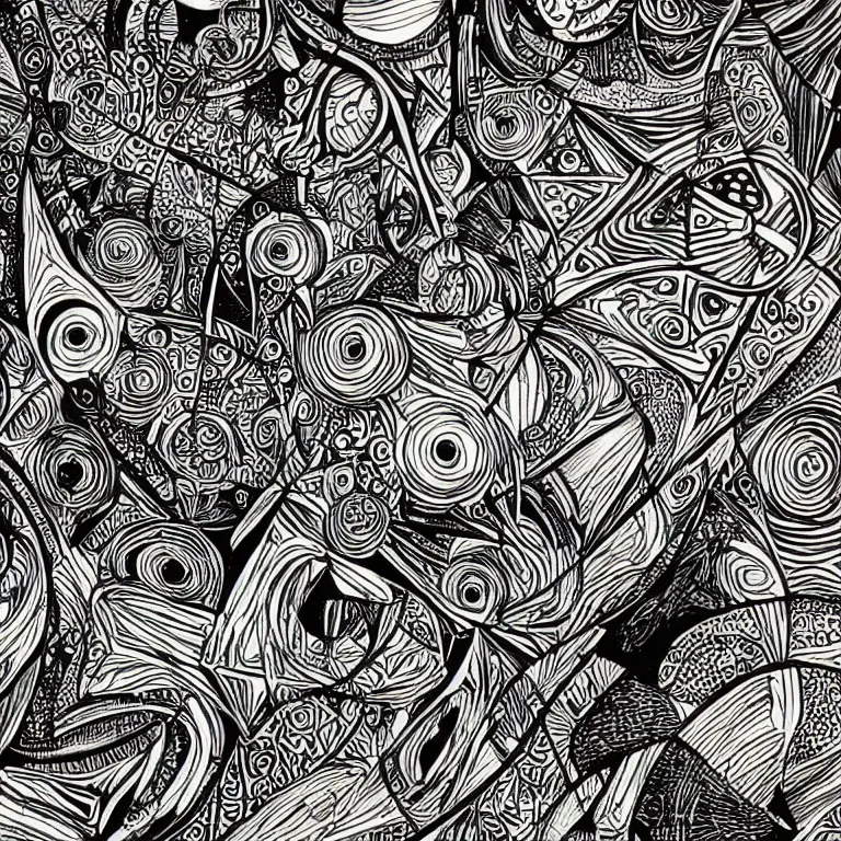 Prompt: a black and white drawing of many different things, an abstract drawing by nathaniel pousette - dart, featured on deviantart, psychedelic art, behance hd, repeating pattern, artwork