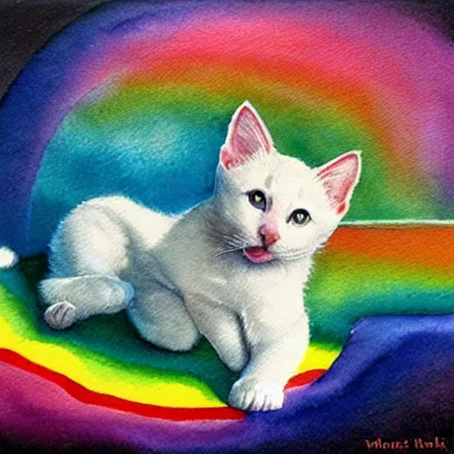 Image similar to a prism magically fractures a white kitten into every color of the rainbow, surreal fantasy watercolor,