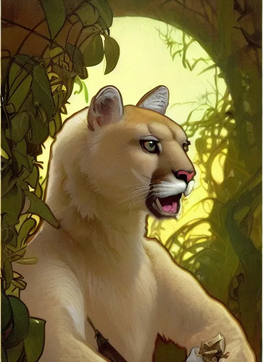 Prompt: beautiful portrait commission of a male Furry Anthro albino mountain lion Fursona wearing a yellow button-down shirt, olive green slacks in a old-timey western town. Atmospheric. Renowned character illustration by greg rutkowski, thomas kindkade, alphonse mucha, loish, norman rockwell. detailed, inked, western comic book art