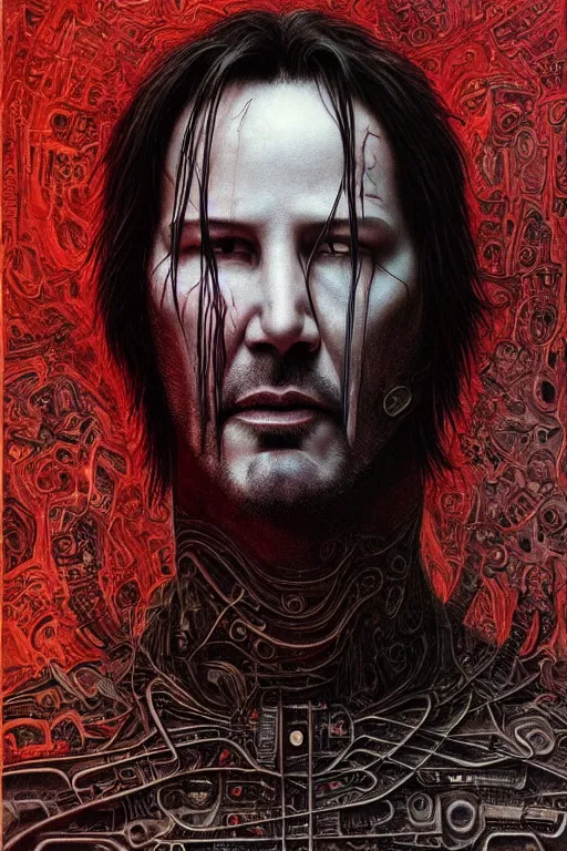 Prompt: portrait of keanu reeves, hyperdetailed, nightmare, abomination, ultrarealistic, cyberpunk, dramatic, symmetrical, by h. r. giger and zdislaw beksinski and artgerm, science fiction, alien, religious art, mandelbrot fractal, trending on deviantart