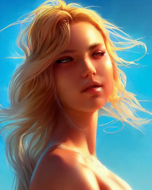 Image similar to summer vibes, beautiful sun tanned goddess, flowy golden hair, sun, summer, cinematic lighting, highly detailed, digital painting, trending on artstation, pixiv, concept art, sharp focus, illustration, art by ross tran and wlop