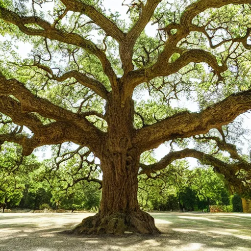 Prompt: an oak tree growing in a large atrium, natural light, photo, 4 k, view from a distance