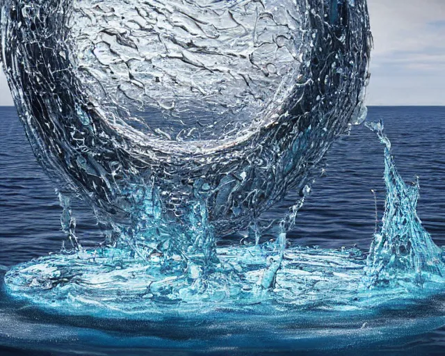 Image similar to a giant abstract sculpture of the birth of the universe on the ocean water, in the style of dan graham, award winning, cinematic, hyper - realistic, very detailed, realistic water splashes, ray tracing, 8 k resolution, long - shot, sharp focus, low angle, 8 5 mm photograph, wide lens