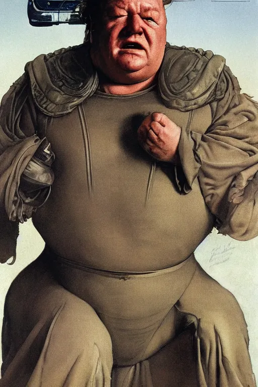 Image similar to dynamic upper body portrait of ray winstone as baron harkonnen in 1982 movie dune, by norman rockwell and boris vallejo