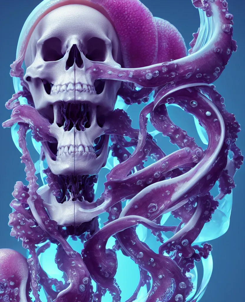 Image similar to absolute symmetry!! goddess close - up portrait human skeleton, ram skull, squid phoenix jellyfish, orchid, betta fish, bioluminiscent, intricate artwork by tooth wu and wlop and beeple. octane render, trending on artstation, greg rutkowski very coherent symmetrical artwork. cinematic, hyper realism, high detail, octane render, 8 k