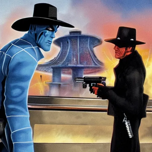 Image similar to duel between cad bane and clint eastwood on the vallecas bridge