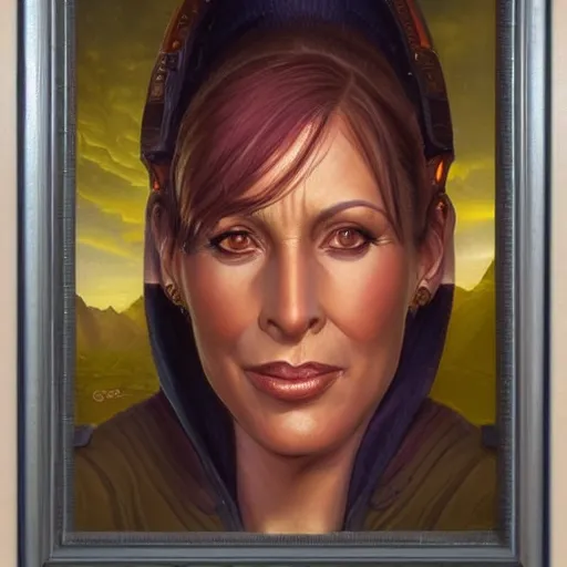 Image similar to portrait of an bajoran woman ( 3 5 ) from bajor, bajor - b'hava'el, bajoran sector, alpha quadrant, an oil painting by ross tran and thomas kincade