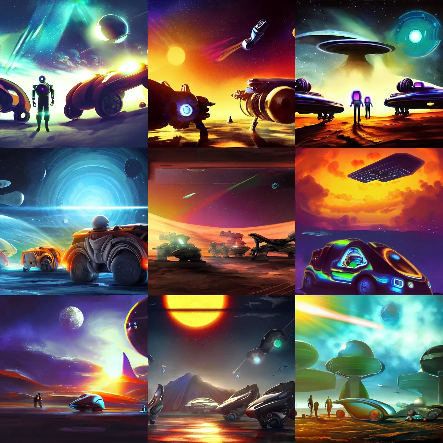 Prompt: A colorful painting of Aliens of the Sun on a space planet environment with futuristic vehicles, inspired by Keith Mallett, digital art, extremely moody lighting, glowing light and shadow, atmospheric, shadowy, cinematic