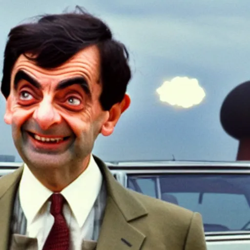 Image similar to 1980s archival photo of Mr Bean smiling sinisterly with a mushroom cloud behind him