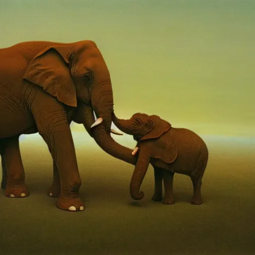 Prompt: the big elephant and the small elephant by zdzisław beksiński