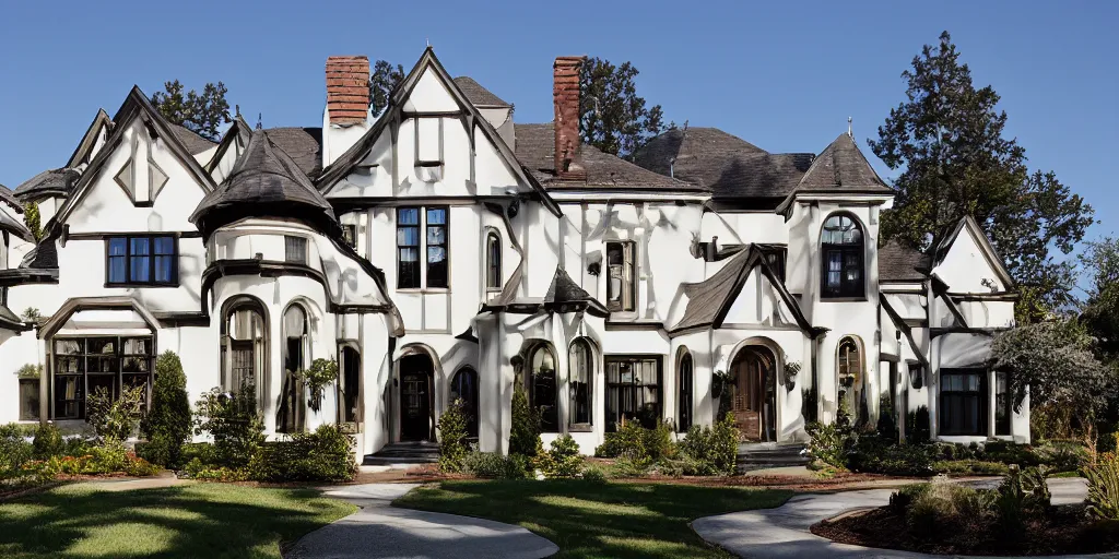 Prompt: stucco tudor with wood and tile white black mansion by mcalpine house, by jackson & leroy architects