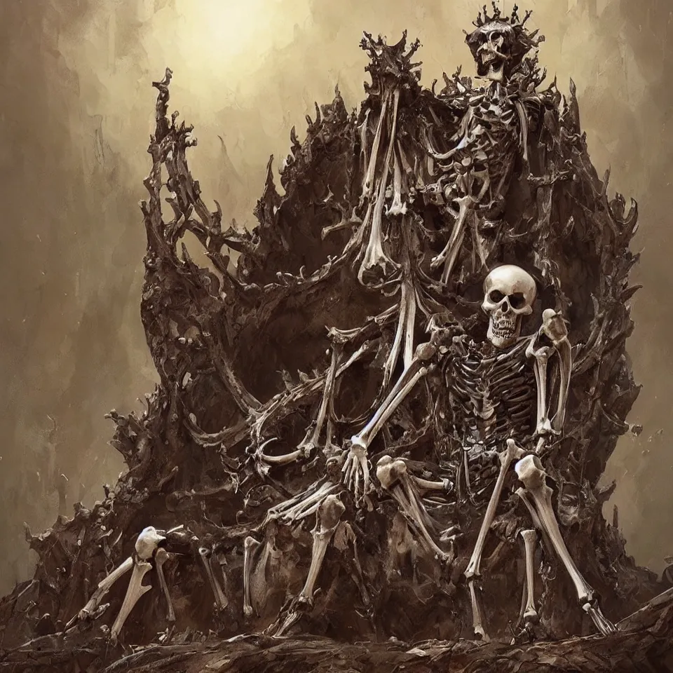 Image similar to a skeleton king with a crown made of bones, sitting on a throne made of bones, artwork by greg rutkowski,