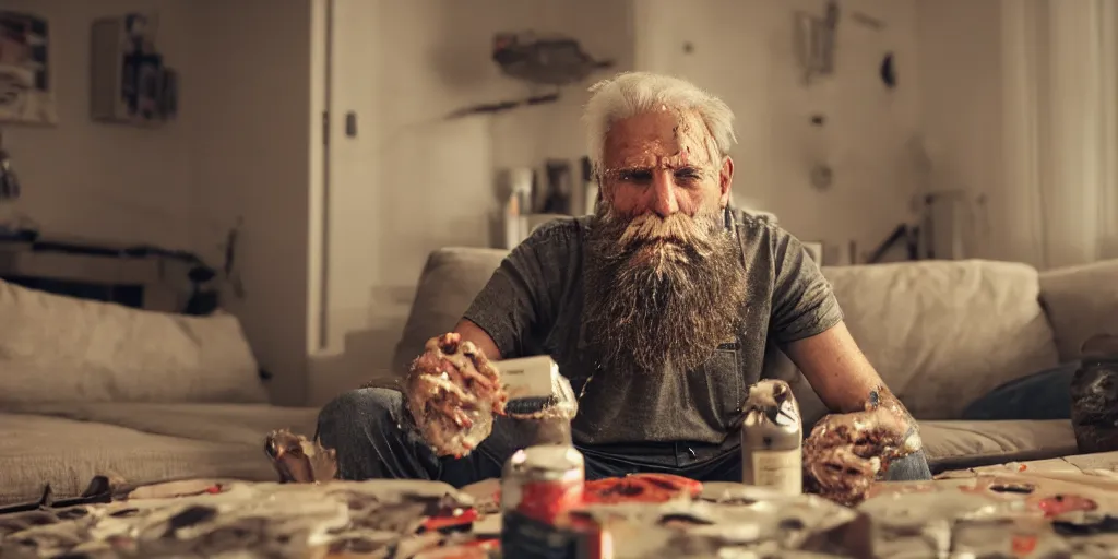 Prompt: old man with a beard and messy hair, sitting on the couch, watching tv . around crashed pop cans and empty pizza boxes. messy apartment. photorealistic, artstation trending. high details. 8k