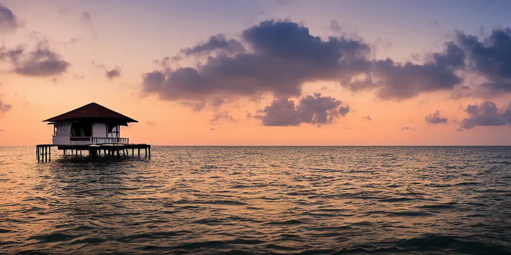 Image similar to floating sri lankan house in the sea, photography, evening sunset