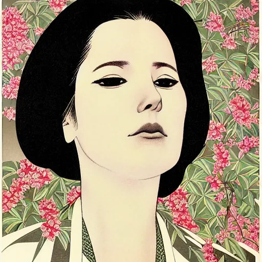 Image similar to “ lana del rey portrait by ikenaga yasunari and ayana otake and ko rakusui, 6 0 s poster, drawing, realistic, sharp focus, japanese, dreamy, nostalgia, faded, golden hues, floral clothes ”