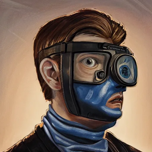 Image similar to painting of square - jawed emotionless serious blonde woman starship engineer, tribal tattoos, handsome, short slicked - back hair, sweating, uncomfortable and anxious, looking distracted and awkward, wearing victorian dark goggles, flight suit and gloves, small spacecraft in background, highly detailed, mike mignogna, trending on artstation