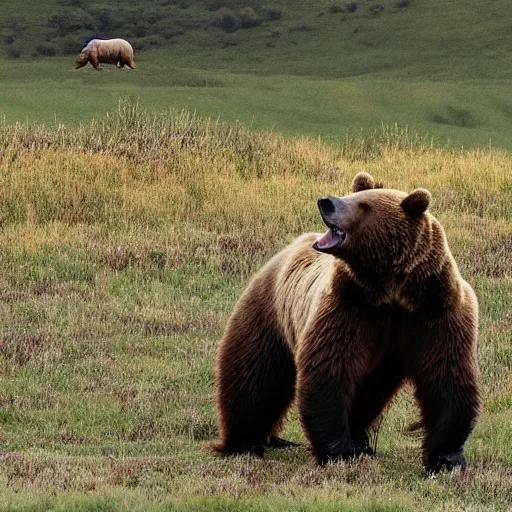 Image similar to a photo of a bear in a field. Jerome Powell is sitting on top of the bear. Jerome powell is riding the bear like a horse.