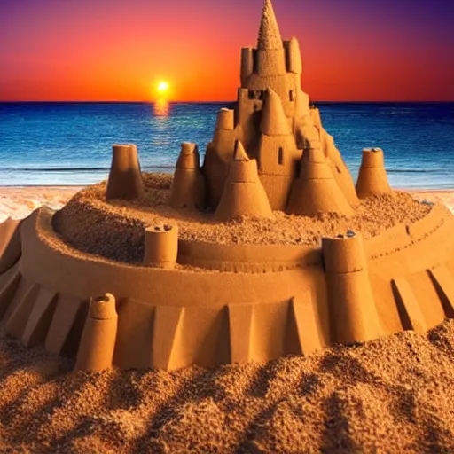 Image similar to enormous sand castle at sunset in the beach, photorealistic