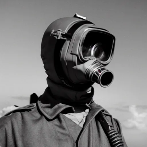 Prompt: a pilot wearing a gasmask, salute, red sun above, film still, arriflex 3 5, cinematic