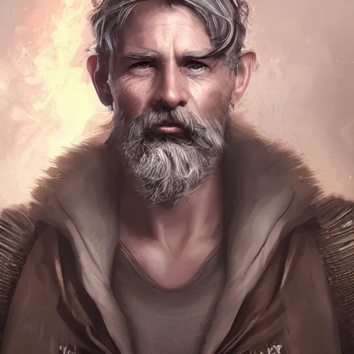 Image similar to a detailed matte head - on portrait painting of a sly older sorcerer, with a small beard, salt and pepper hair, portrait by charlie bowater, lise deharme, wlop, tending on arstation, dungeons and dragon, dnd, pathfinder, fanart, oil on canvas