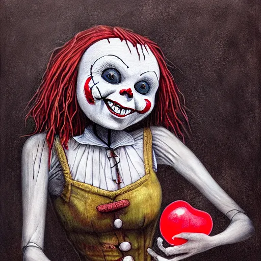 Image similar to grunge painting of a scarecrow with a wide smile and a red balloon by chris leib, loony toons style, pennywise style, corpse bride style, horror theme, detailed, elegant, intricate, conceptual, volumetric light