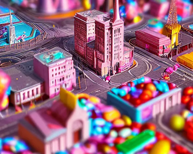 Prompt: Candy city, a city made of candy, sharp focus, toy photography by Artgerm and Greg Rutkowski and WLOP